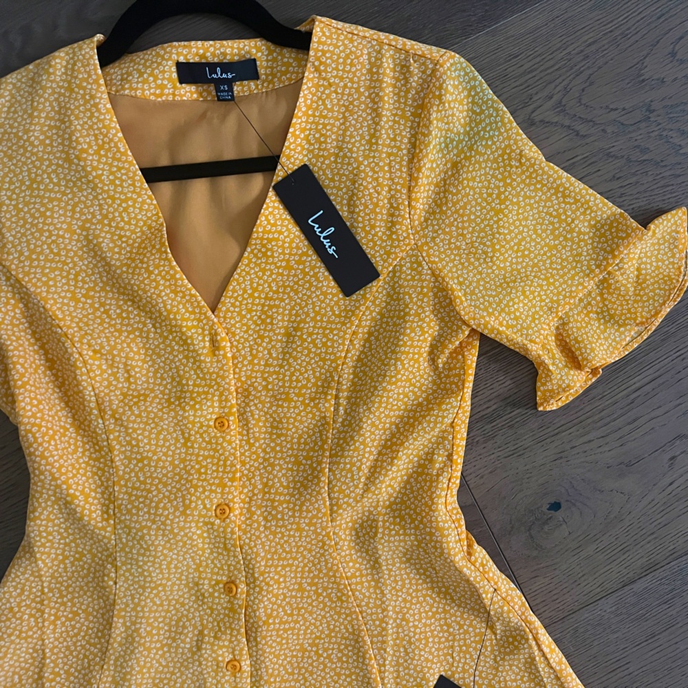 Lulus Castana Mustard Yellow Print Button-Up Dress XS